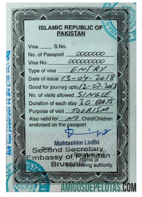 Visto de entrada no PAQUISTÃO amostra